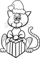 chat de dessin animé avec un cadeau sur la page de coloriage de Noël vecteur