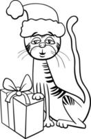 chat de dessin animé avec cadeau sur la page de coloriage de Noël vecteur