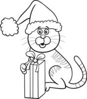 chat de dessin animé avec un cadeau sur la page de coloriage de Noël vecteur