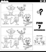 tâche de différences avec la page de coloriage de clowns de dessin animé vecteur