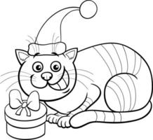 chat de dessin animé avec un cadeau sur la page de coloriage de Noël vecteur