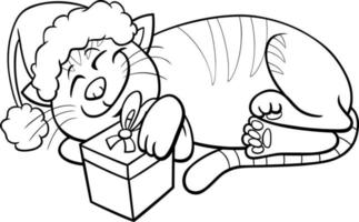 chat de dessin animé avec un cadeau sur la page de coloriage de Noël vecteur