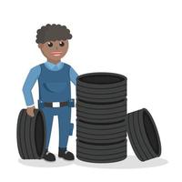 Mécanicien africain avec une pile de caractères de conception de pneus sur fond blanc