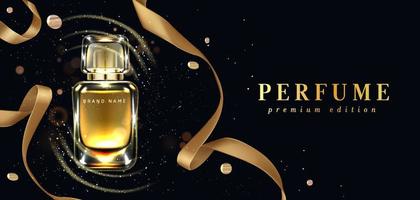 Flacon de parfum et ruban d'or sur fond noir vecteur