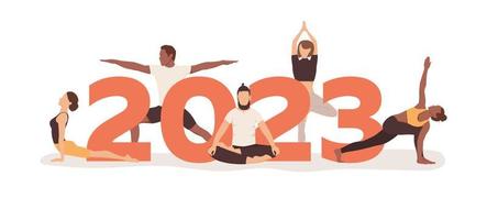 bonne année 2023 bannière avec des hommes et des femmes démontrant différentes poses de yoga isolées sur fond blanc. illustration vectorielle plane vecteur