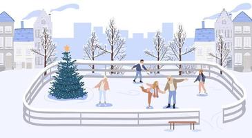 les gens patinent à la patinoire d'hiver. illustration vectorielle vecteur