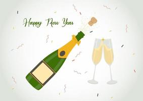 deux verres de champagne avec une explosion de bouteille de champagne. célébration du nouvel an. toast de vacances. illustration vectorielle plane vecteur