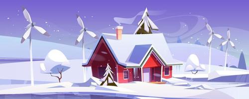 paysage d'hiver avec maison et éoliennes vecteur