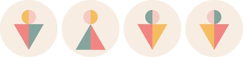 ensemble d'illustrations vectorielles simples isolées d'icônes de personnes géométriques aux couleurs pastel pour wc. icônes de toilettes définies homme, femme. symbole minimal du masculin et du fémininmasculin et féminin vecteur