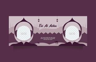 modèle de publication et de bannière de médias sociaux eid al adha avec une couleur violette moderne. conception de voeux et de promotion fond islamique avec belle mosquée et unique. modèle propre avec espace réservé à deux images vecteur