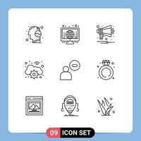 ensemble de 9 symboles d'icônes d'interface utilisateur modernes signes pour les éléments de conception vectoriels modifiables de notification d'engrenage du monde wifi masculin vecteur