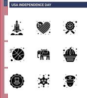 pack de lignes vectorielles modifiables de la journée des états-unis 9 glyphes solides simples d'éléments de conception de vecteur de balle d'amour de sports américains modifiables police de la journée des états-unis