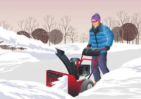 Femme utilisant un souffleuse à neige vecteur