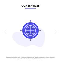 nos services globe focus cible connecté solide glyphe icône modèle de carte web vecteur