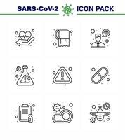 Ensemble de 9 lignes d'icônes épidémiques de virus corona telles que capsule avertissement avis de consultation recherche coronavirus viral 2019nov éléments de conception de vecteur de maladie