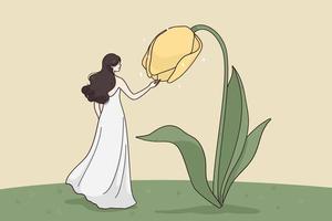 nature, beauté, concept de tendresse. rencontre surréaliste d'une jeune jolie femme sur un personnage de dessin animé en robe longue debout et touchant une fleur jaune géante en illustration vectorielle de jardin vecteur