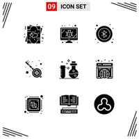 pack de 9 glyphes solides créatifs d'éléments de conception vectoriels modifiables de musique de laboratoire bluetooth party vecteur