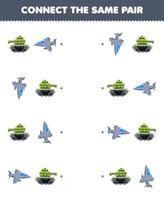 jeu éducatif pour les enfants connectez la même image de char de dessin animé mignon et paire de chasseurs à réaction feuille de travail imprimable de transport vecteur