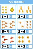 jeu éducatif pour les enfants addition amusante par comptage et somme de dessin animé mignon poisson hippocampe crevette homard feuille de travail sous-marine imprimable vecteur