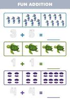 jeu éducatif pour les enfants addition amusante en comptant et en traçant le nombre de feuille de travail sous-marine imprimable de carapace de tortue hippocampe de dessin animé mignon vecteur