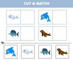 jeu éducatif pour les enfants couper et assortir la même image de dessin animé mignon dauphin béluga poisson morse feuille de travail sous-marine imprimable vecteur