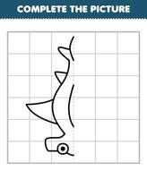 jeu d'éducation pour les enfants compléter l'image du requin marteau de dessin animé mignon demi contour pour dessiner une feuille de travail sous-marine imprimable vecteur