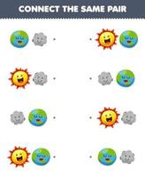 jeu éducatif pour les enfants connectez la même image de dessin animé mignon terre lune et paire de soleil feuille de travail imprimable du système solaire vecteur