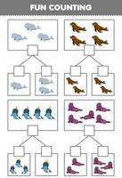 jeu éducatif pour les enfants amusant compter l'image dans chaque boîte de dessin animé mignon béluga morse narval phoque feuille de travail sous-marine imprimable vecteur