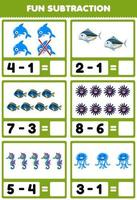 jeu éducatif pour les enfants amusant soustraction en comptant et en éliminant mignon dessin animé dauphin poisson oursin hippocampe méduse feuille de travail sous-marine imprimable vecteur