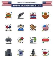 usa independance day plat rempli ligne ensemble de 16 pictogrammes usa d'american ice drum icecream cap modifiable usa day vector design elements