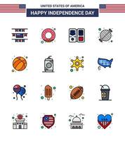 joyeux jour de l'indépendance 16 pack d'icônes de lignes remplies à plat pour le web et l'impression football américain fête américaine barbecue éléments de conception vectoriels modifiables usa day vecteur