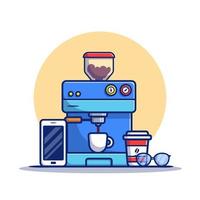 dosette de machine à café, tasse, tasse, téléphone et lunettes illustration d'icône vectorielle de dessin animé. concept d'icône de machine à café isolé vecteur premium. style de dessin animé plat