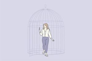 nouvelles opportunités, développement mental, concept de liberté. personnage de dessin animé de jeune femme faisant un pas hors de la cage et se libérant de l'espace confiné obtenant la liberté d'esprit illustration vecteur
