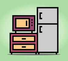 Micro-ondes, réfrigérateur et bureau en pixels 8 bits dans des illustrations vectorielles pour les ressources de jeu. outil électronique de cuisine en pixel art. vecteur