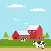 terres agricoles sur la colline avec illustration vectorielle de vache. style plat de paysage de ferme. grange avec paysage naturel. vecteur