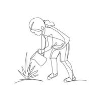 illustration vectorielle d'une fille arrosant une plante dessinée dans un style d'art en ligne vecteur