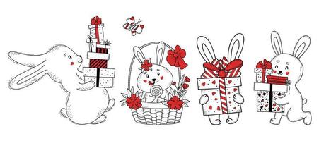 personnage de lapin mignon avec cadeaux. lapin avec des boîtes et des cadeaux, dans un panier de pâques avec des fleurs et des bonbons. illustration vectorielle. dessin fait main isolé pour la conception, la décoration, les voeux et les cartes de pâques vecteur