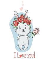 carte postale de la saint-valentin avec un lapin mignon dans une couronne de fleurs et une grande fleur rose. illustration vectorielle. animal drôle pour la conception et la décoration, cartes de voeux saint valentin je t'aime. vecteur