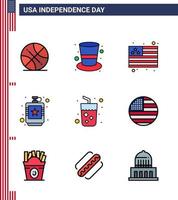 9 signes de ligne remplis à plat pour la fête de l'indépendance des États-Unis vecteur