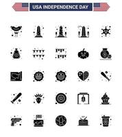 ensemble moderne de 25 glyphes solides et symboles le jour de l'indépendance des états-unis tels que guirlande cash badge sac dollar modifiable usa day vector design elements