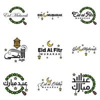 pack de 9 vecteurs de texte de calligraphie arabe avec la lune et les étoiles de l'aïd moubarak pour la célébration du festival de la communauté musulmane vecteur