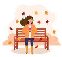 paysage d'automne. la fille est assise sur un banc avec du café. fond d'automne. illustration vectorielle dans un style plat. vecteur