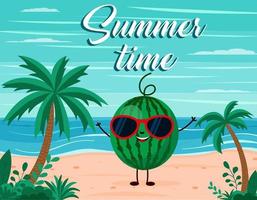 fond de plage d'été drôle avec caractère de fruit de pastèque. style bande dessinée. carte postale de l'heure d'été vecteur