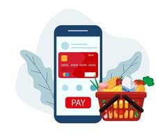 commander l'épicerie en ligne. payez depuis votre smartphone avec une carte. panier en plastique avec épicerie. illustration vectorielle plane. vecteur
