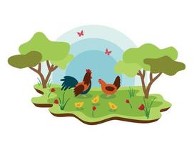 poulets d'animaux de ferme mignons avec paysage de printemps. illustration de dessin animé de vecteur
