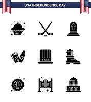 ensemble de 9 icônes de la journée des états-unis symboles américains signes de la fête de l'indépendance pour les états-unis cap tombe chapeau frise éléments de conception vectoriels de la journée des états-unis modifiables vecteur