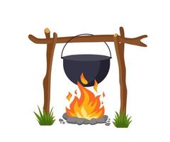 chaudron sur feu de camp pour la cuisine en plein air isolé sur fond blanc. illustration vectorielle dans un style plat. vecteur