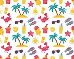 modèle de plage d'été sans couture dans le parapluie, les lunettes, le soleil, la limonade, le crabe, la paume vecteur