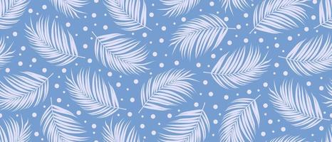 motif plat harmonieux de feuilles de palmier ressemblant à des plumes d'oiseaux. avec perles blanches sur fond bleu pâle, style monochrome. idéal pour les textiles, le papier peint, le papier d'emballage vecteur