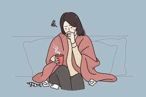 rhume, grippe, concept de toux sévère. personnage de dessin animé de jeune femme malheureuse malade assis sur un canapé à la maison avec une tasse de boisson chaude toussant et se sentant malade illustration vectorielle vecteur